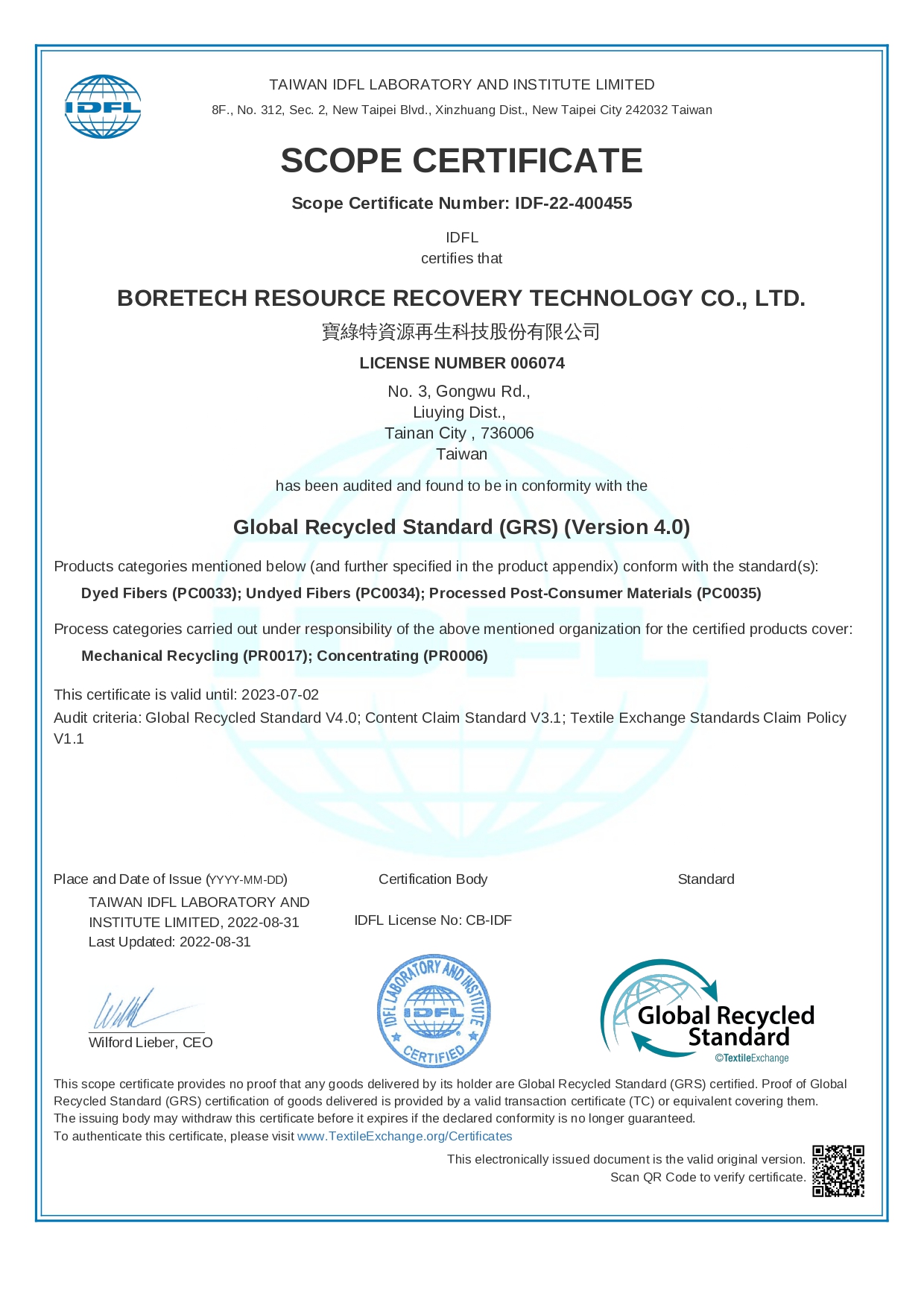 IDFL 22 400455 GRS Certificate boretech resource recovery technology co ltd 31 Aug 2022 page 0001